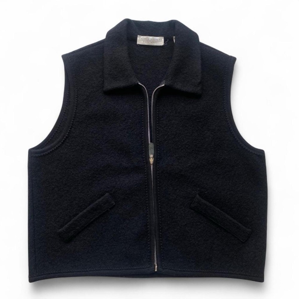 Valerie Stevens 100% Pure Wool Black Zip Up Women's Vest Sleeveless Classic M